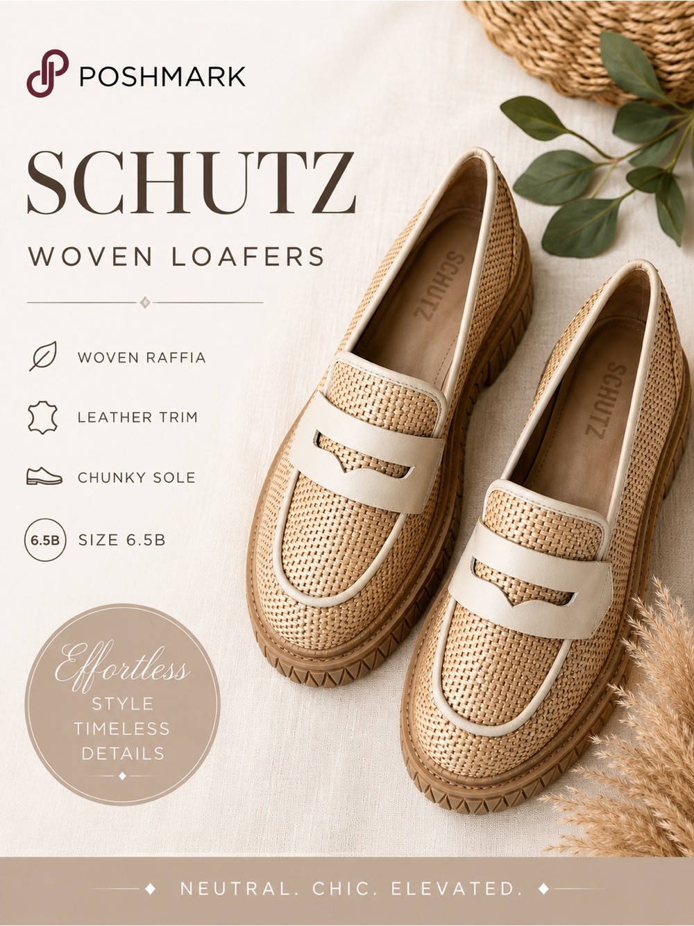 SCHUTZ Woven Raffia Loafers in Natural Tan and Cream